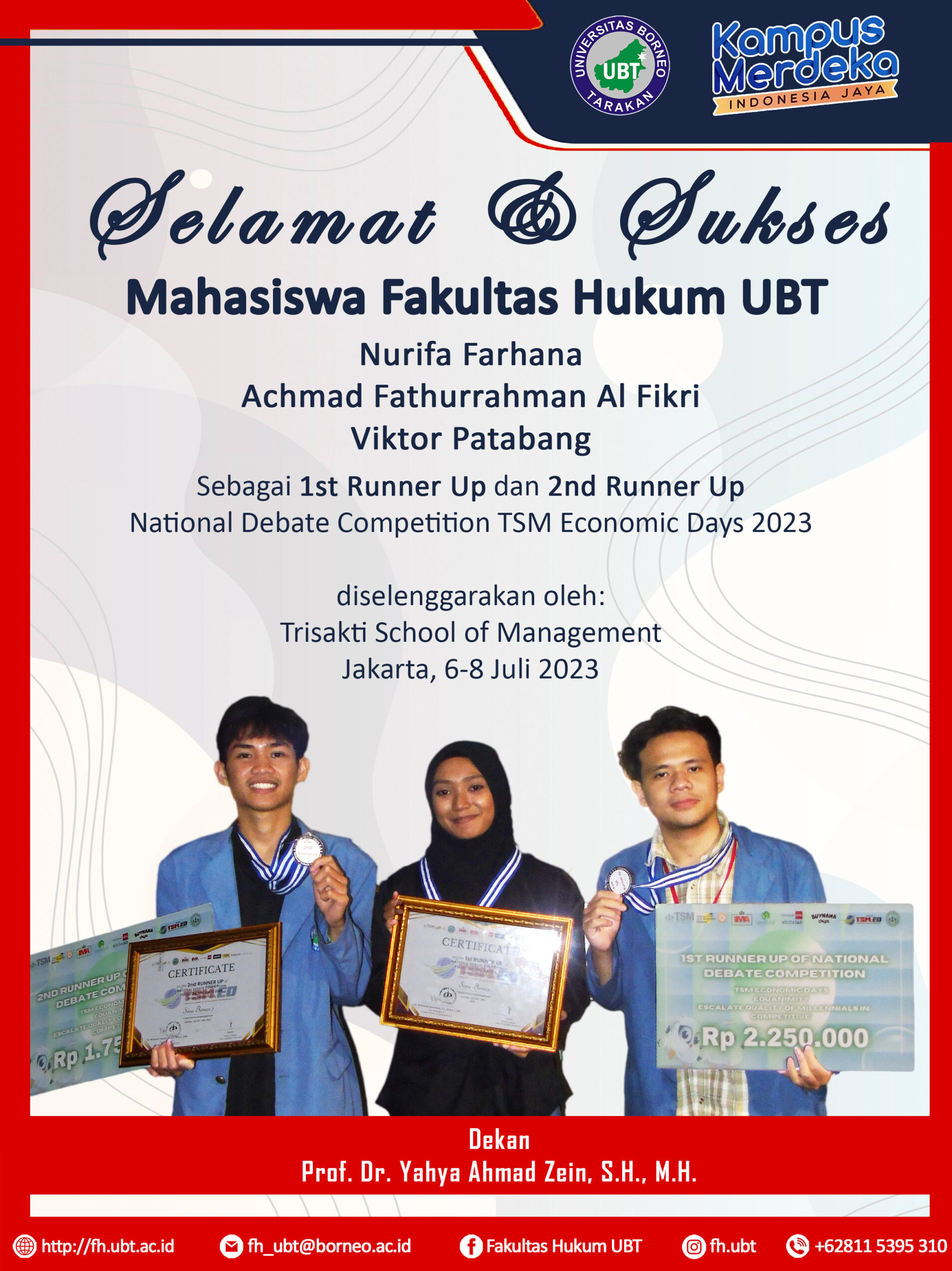 Mahasiswa FHUBT Raih 1st Runner Up dan 2nd Runner Up National Debate Competition TSM Economic Days